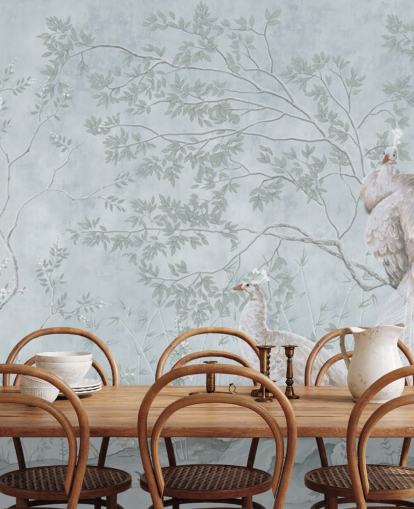 papel pintado de pavos reales blancos contra huevo de pato chinoiserie azul