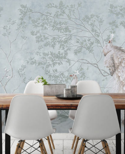 papel pintado de pavos reales blancos contra huevo de pato chinoiserie azul