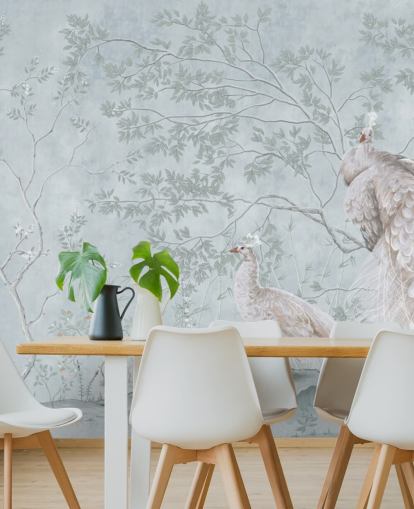 valkoinen riikinkukkoja vastaan ankka muna sininen chinoiserie tapetti