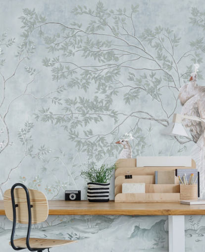 papel pintado de pavos reales blancos contra huevo de pato chinoiserie azul