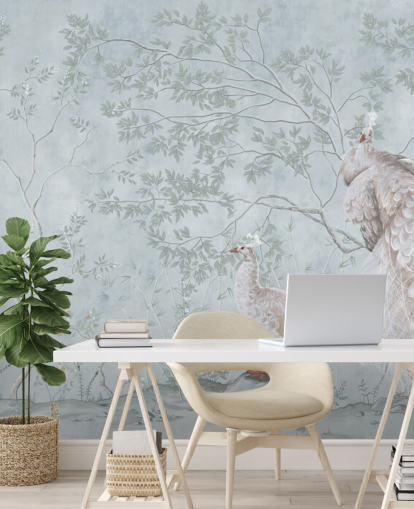 vita påfåglar mot anka ägg blå chinoiserie tapet