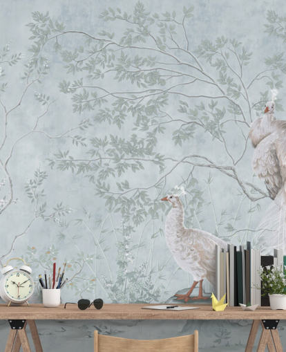 white peacocks against duck egg blue chinoiserie wallpaper white peacocks against duck egg blue chinoiserie wallpaper