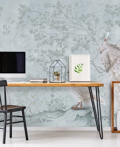 white peacocks against duck egg blue chinoiserie wallpaper