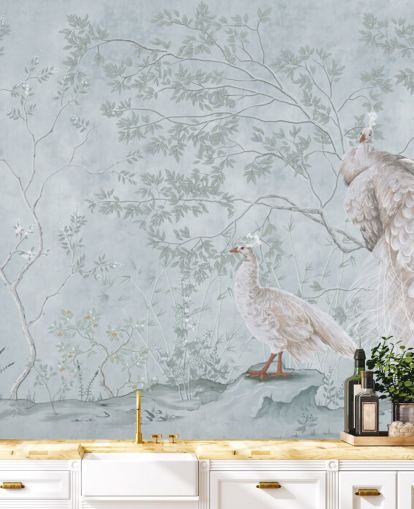 white peacocks against duck egg blue chinoiserie wallpaper