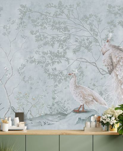 pavões brancos contra ovo de pato azul chinoiserie papel de parede