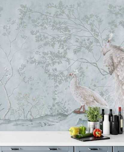 pavões brancos contra ovo de pato azul chinoiserie papel de parede