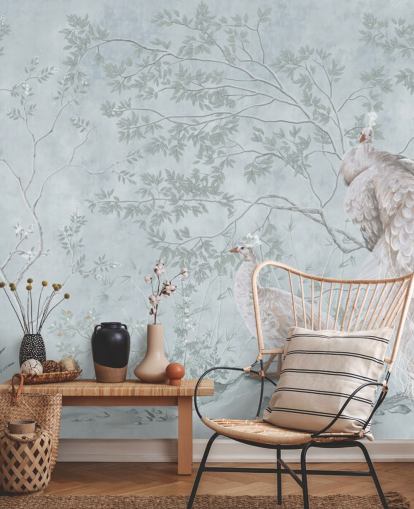 pavões brancos contra ovo de pato azul chinoiserie papel de parede