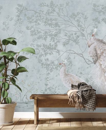 hvite påfugler mot duck egg blå chinoiserie tapet hvite påfugler mot duck egg blå chinoiserie tapet