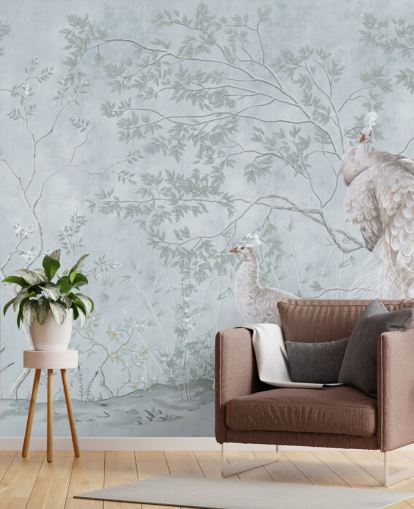 hvide påfugle mod ænder æg blå chinoiserie tapet hvide påfugle mod ænder æg blå chinoiserie tapet