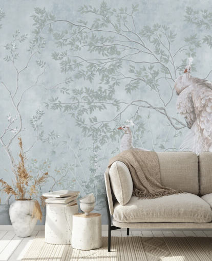 paons blancs contre fond d'écran chinoiserie bleu canard