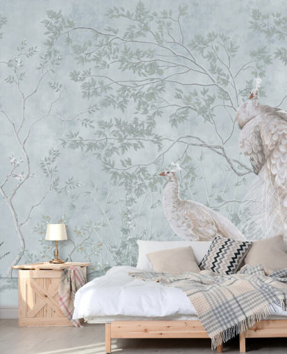 paons blancs contre fond d'écran chinoiserie bleu canard