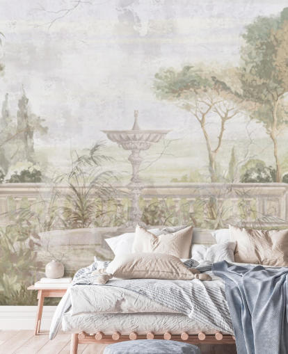 light green aged garden painting wallpaper