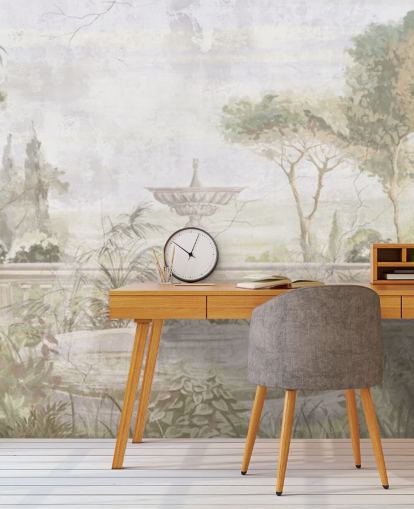 light green aged garden painting wallpaper