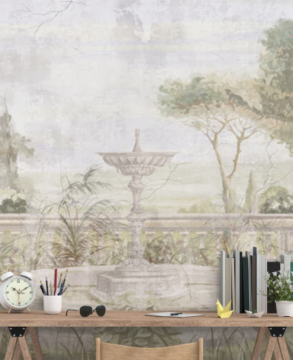 light green aged garden painting wallpaper