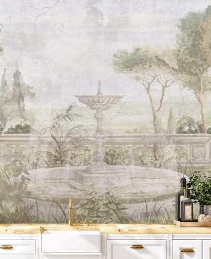 light green aged garden painting wallpaper