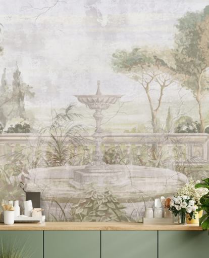 light green aged garden painting wallpaper