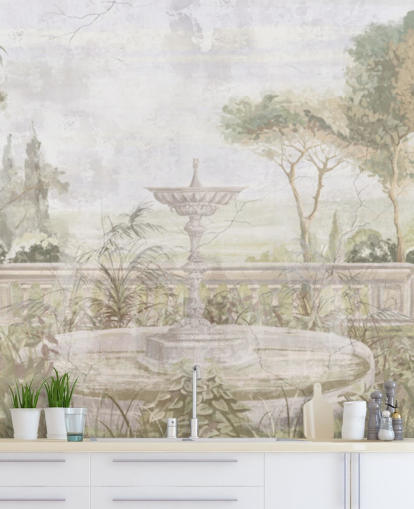 light green aged garden painting wallpaper