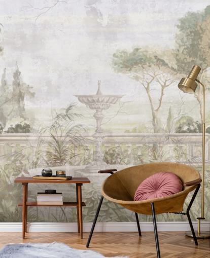 light green aged garden painting wallpaper