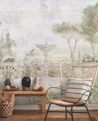 light green aged garden painting wallpaper