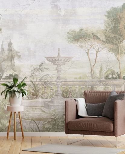 light green aged garden painting wallpaper