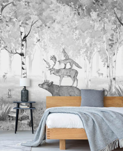 monochroom gekleurd bos- en dierenbehang