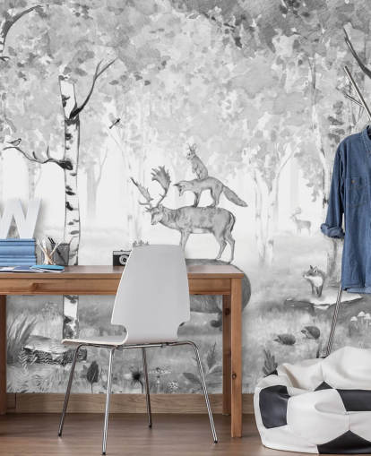 monochroom gekleurd bos- en dierenbehang