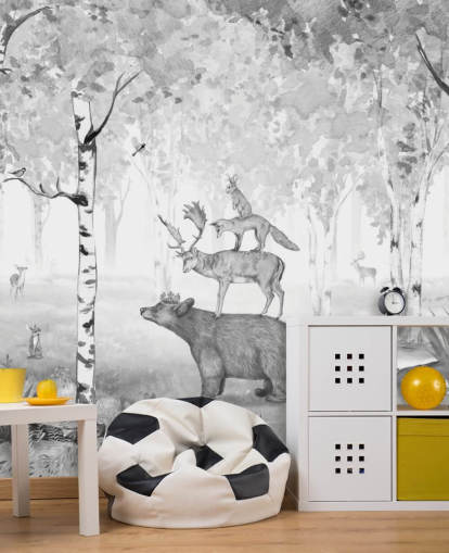 monochrome toned woodland and animals wallpaper