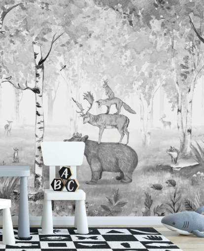 monochrome toned woodland and animals wallpaper