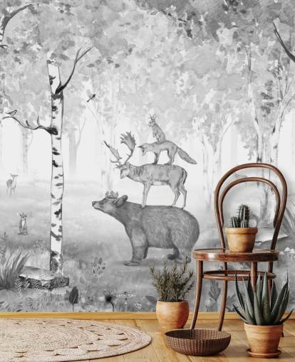 monochrome toned woodland and animals wallpaper