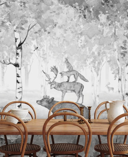 monochrome toned woodland and animals wallpaper