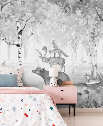 monochrome toned woodland and animals wallpaper