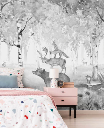 papel de parede monocromático da floresta e dos animais