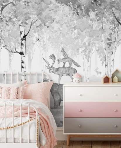 monochrome toned woodland and animals wallpaper