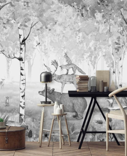 monochrome toned woodland and animals wallpaper