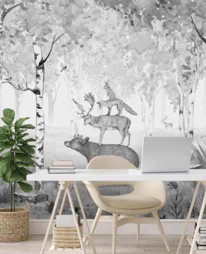 monochrome toned woodland and animals wallpaper