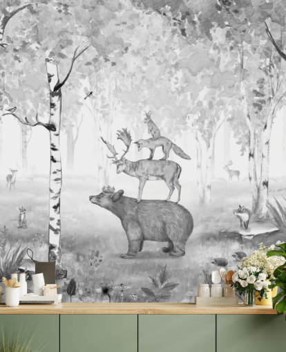 monochrome toned woodland and animals wallpaper