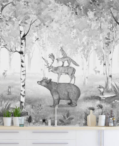 monochrome toned woodland and animals wallpaper