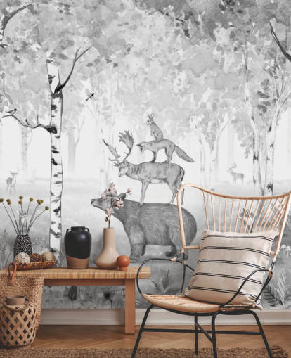 monochrome toned woodland and animals wallpaper