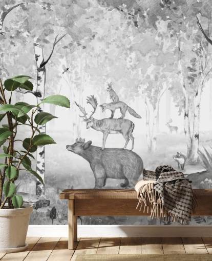 monochrome toned woodland and animals wallpaper