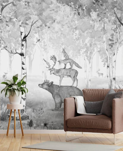 monochrome toned woodland and animals wallpaper