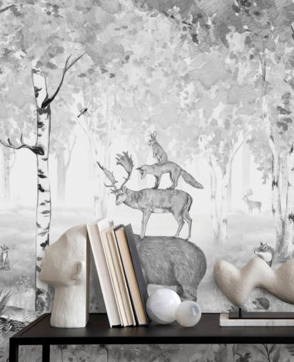 monochroom gekleurd bos- en dierenbehang