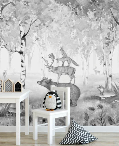 papel de parede monocromático da floresta e dos animais