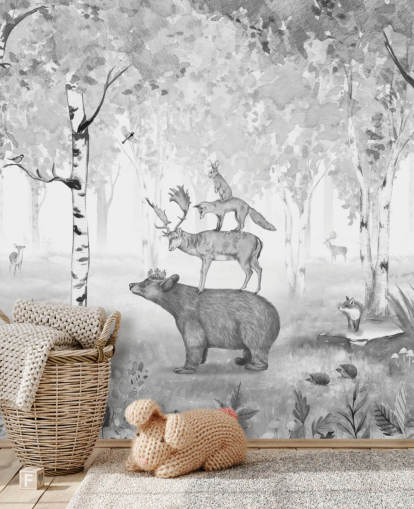 papel de parede monocromático da floresta e dos animais
