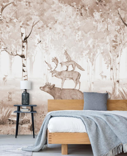 bear, deer, fox and rabbit standing on top of each other in birch tree forest wallpaper bear, deer, fox and rabbit standing on top of each other in birch tree forest wallpaper
