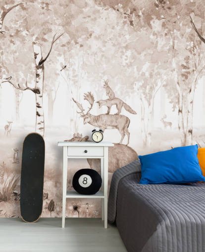 bear, deer, fox and rabbit standing on top of each other in birch tree forest wallpaper bear, deer, fox and rabbit standing on top of each other in birch tree forest wallpaper