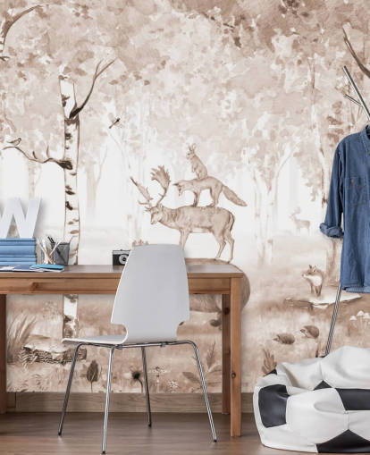 bear, deer, fox and rabbit standing on top of each other in birch tree forest wallpaper