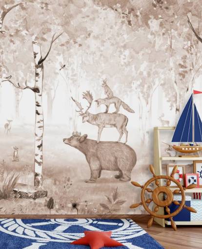 bear, deer, fox and rabbit standing on top of each other in birch tree forest wallpaper