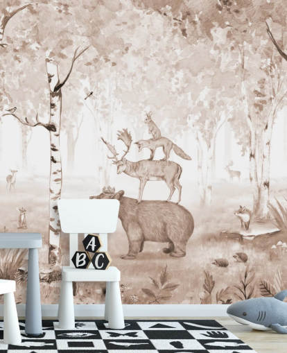 bear, deer, fox and rabbit standing on top of each other in birch tree forest wallpaper