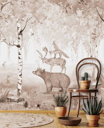 papel pintado de oso, ciervo, zorro y conejo de pie uno encima del otro en un fondo de pantalla de bosque de abedules
