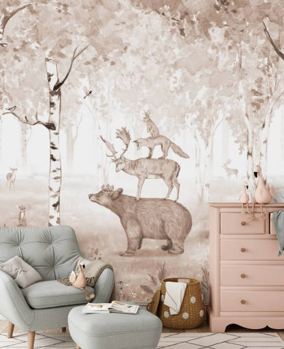 bear, deer, fox and rabbit standing on top of each other in birch tree forest wallpaper bear, deer, fox and rabbit standing on top of each other in birch tree forest wallpaper